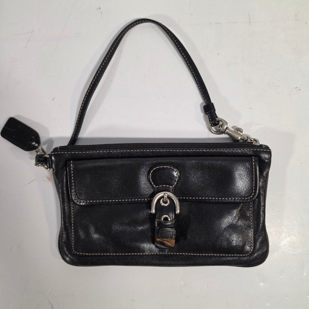 Coach Soho Black Leather Buckle Wristlet Pouch Bag with Contrast Stitching